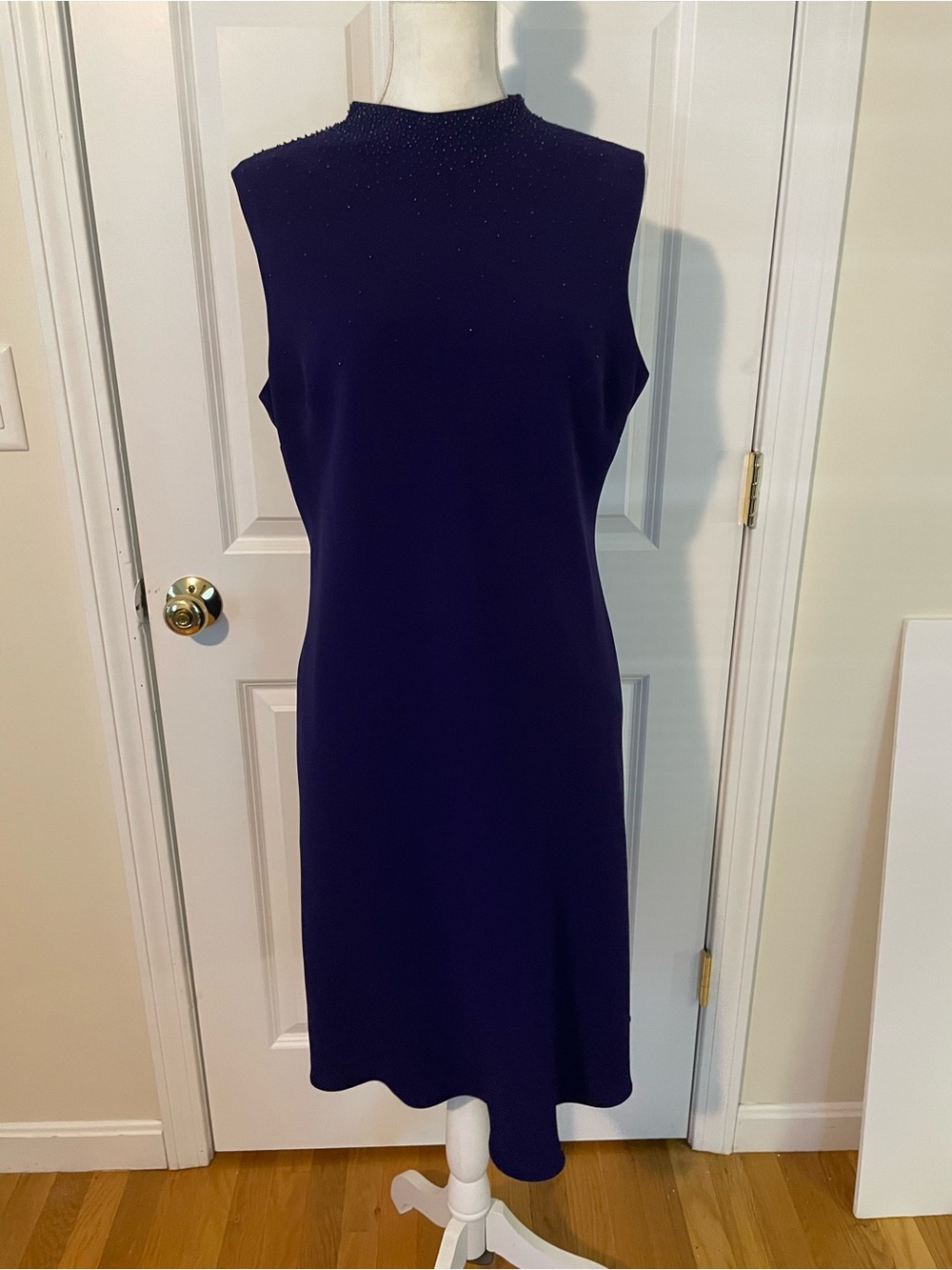 Evan Picone Sleeveless Midi Dress in Deep Purple with Beaded Neckline